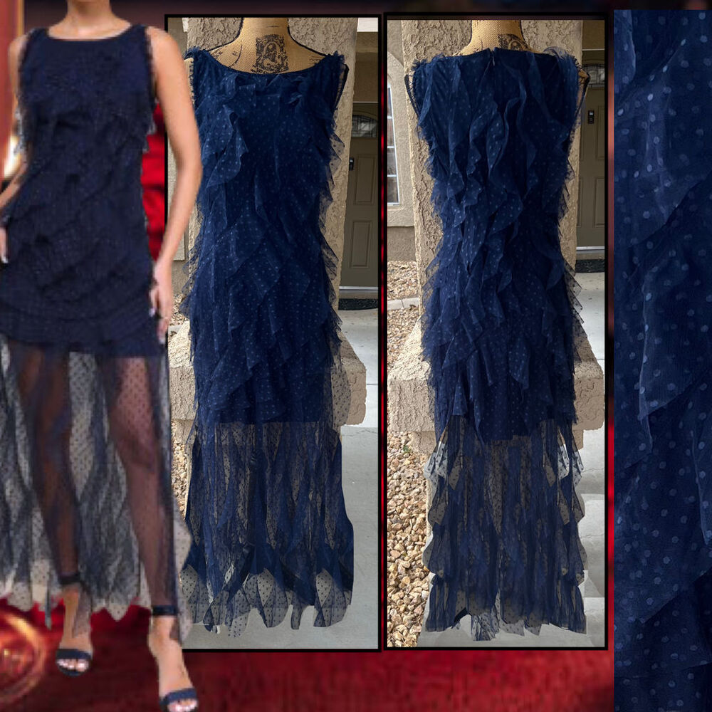 Lulus Blue Mesh Ruffled Swiss Dot Maxi Dress Size: L
